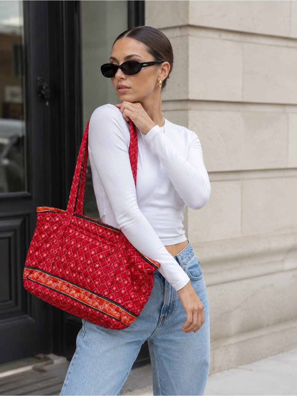 Croft & Barrow Red Quilted Floral Tote Bag Shoulder Bag Y2K